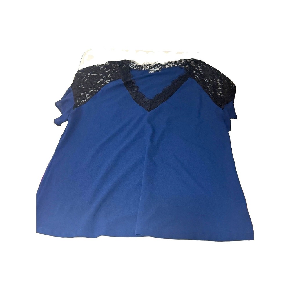 SHEIN Curve Women's Plus 3XL Blue/Black V-Neck Short Sleeve Lace Blouse